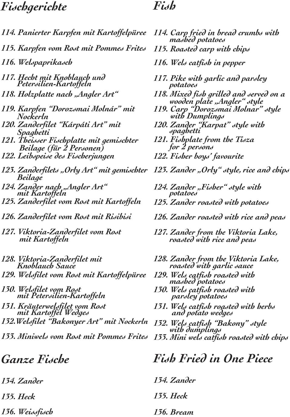 Leibspeise des Fischerjungen 123. Zanderfilets Orly Art mit gemischter Beilage 124. Zander nach Angler Art mit Kartoffeln 125. Zanderfilet vom Rost mit Kartoffeln 126.