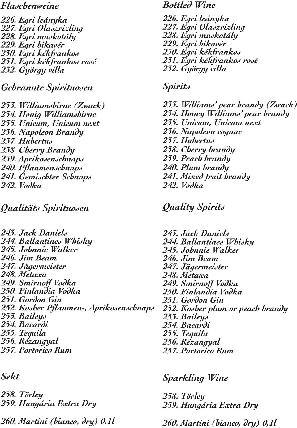 Vodka Qualitäts Spirituosen Bottled Wine 226. Egri leányka 227. Egri Olaszrizling 228. Egri muskotály 229. Egri bikavér 230. Egri kékfrankos 231. Egri kékfrankos rosé 232. György villa Spirits 233.