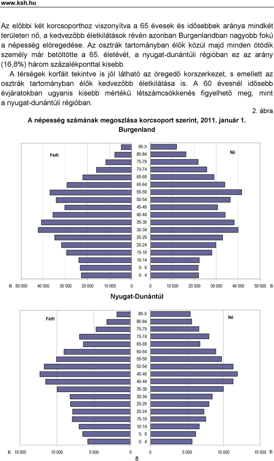 A térségek korfáit tekintve is jól látható az öregedő korszerkezet, s emellett az osztrák tartományban élők kedvezőbb életkilátása is.