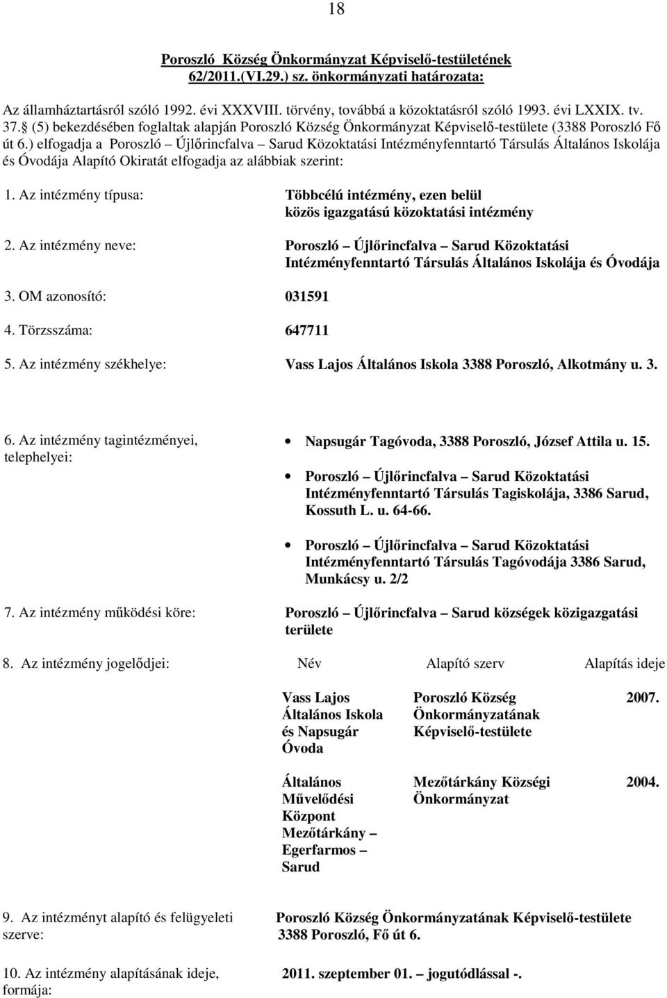 ) elfogadja a Poroszló Újlőrincfalva Sarud Közoktatási Intézményfenntartó Társulás Általános Iskolája és Óvodája Alapító Okiratát elfogadja az alábbiak szerint: 1.