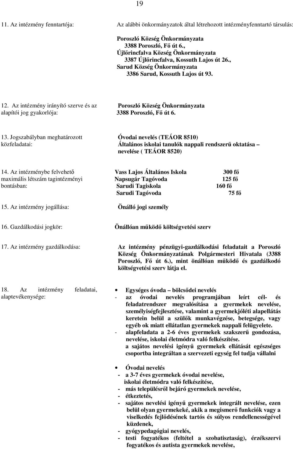 Az intézmény irányító szerve és az alapítói jog gyakorlója: Poroszló Község Önkormányzata 3388 Poroszló, Fő út 6. 13.