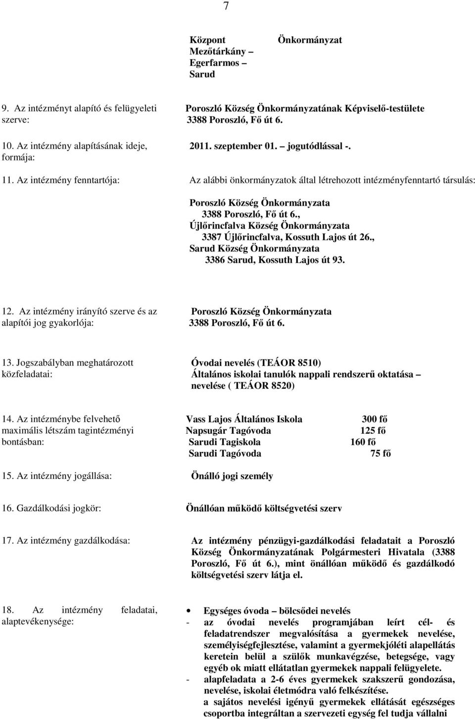 Az intézmény fenntartója: Az alábbi önkormányzatok által létrehozott intézményfenntartó társulás: Poroszló Község Önkormányzata 3388 Poroszló, Fő út 6.