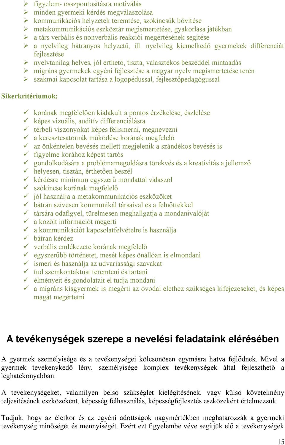 nyelvileg kiemelkedő gyermekek differenciát fejlesztése nyelvtanilag helyes, jól érthető, tiszta, választékos beszéddel mintaadás migráns gyermekek egyéni fejlesztése a magyar nyelv megismertetése