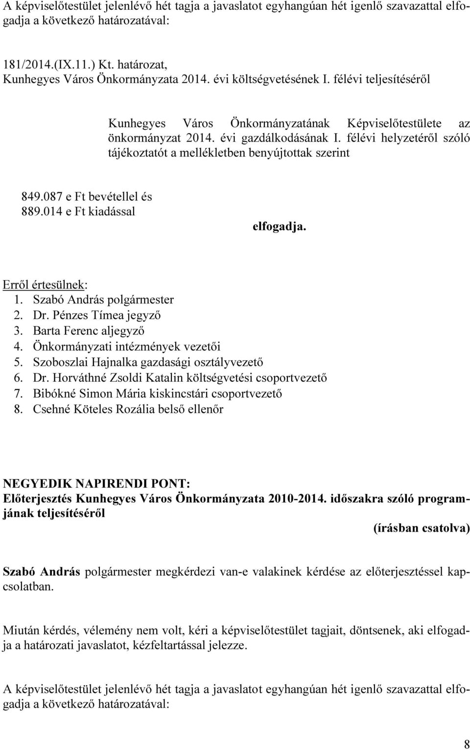 Önkormányzati intézmények vezetői 5. Szoboszlai Hajnalka gazdasági osztályvezető 6. Dr. Horváthné Zsoldi Katalin költségvetési csoportvezető 7. Bibókné Simon Mária kiskincstári csoportvezető 8.