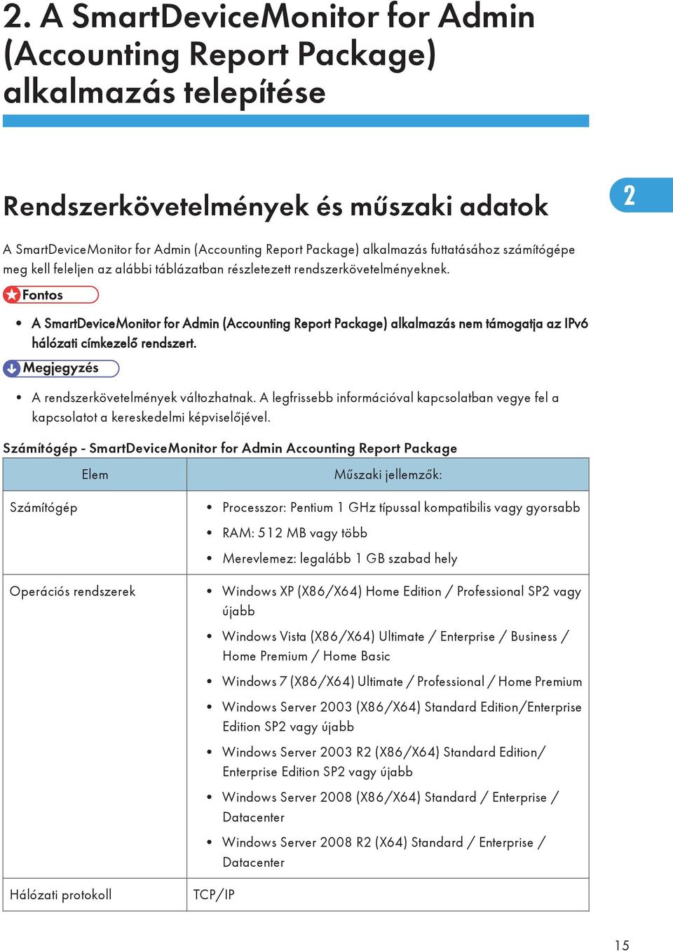 A SmartDeviceMonitor for Admin (Accounting Report Package) alkalmazás nem támogatja az IPv6 hálózati címkezelő rendszert. A rendszerkövetelmények változhatnak.