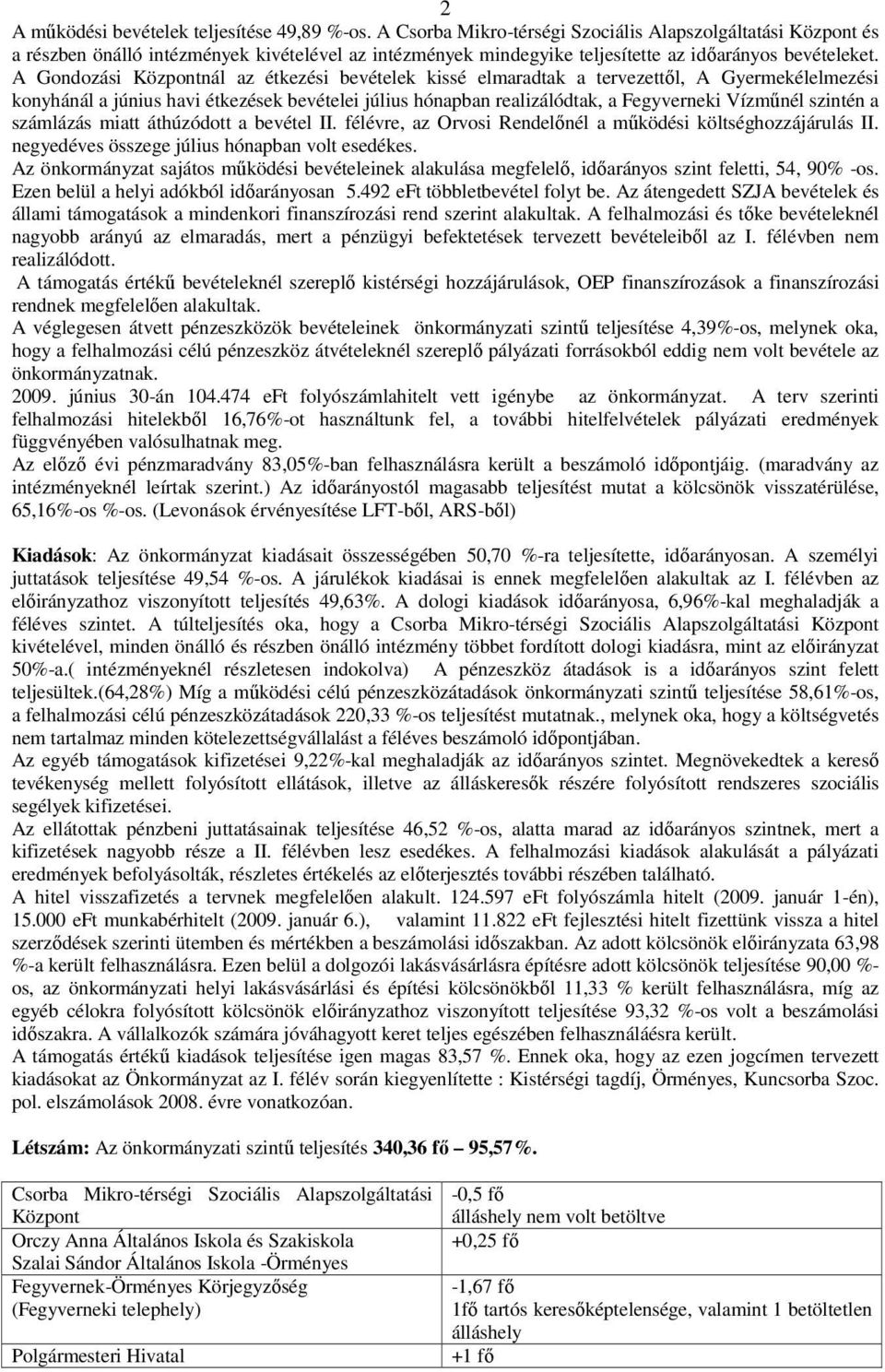 A Gondozási Központnál az étkezési bevételek kissé elmaradtak a tervezettől, A Gyermekélelmezési konyhánál a június havi étkezések bevételei július hónapban realizálódtak, a Fegyverneki Vízműnél