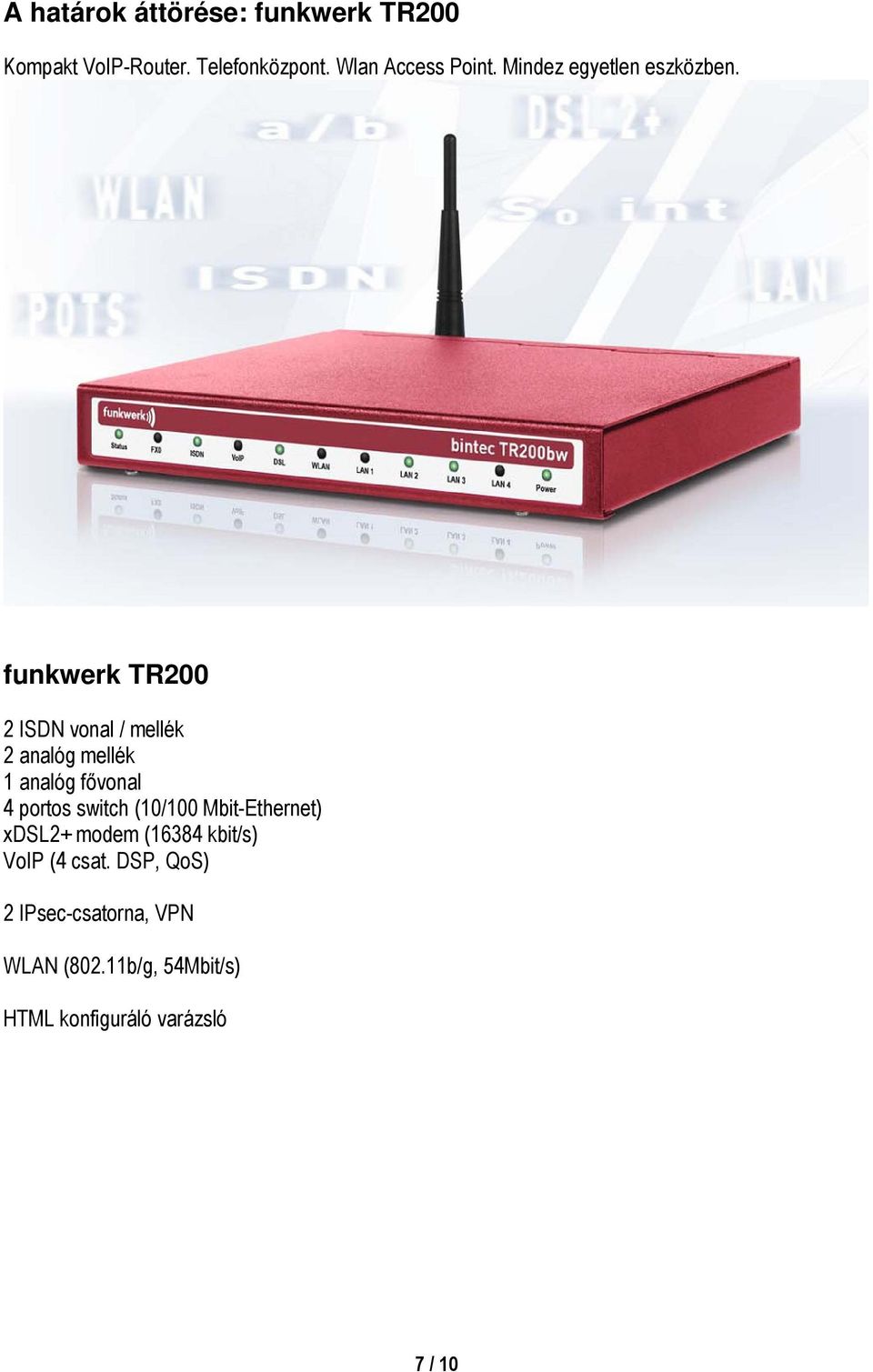 funkwerk TR200 2 ISDN vonal / mellék 2 analóg mellék 1 analóg fővonal 4 portos switch