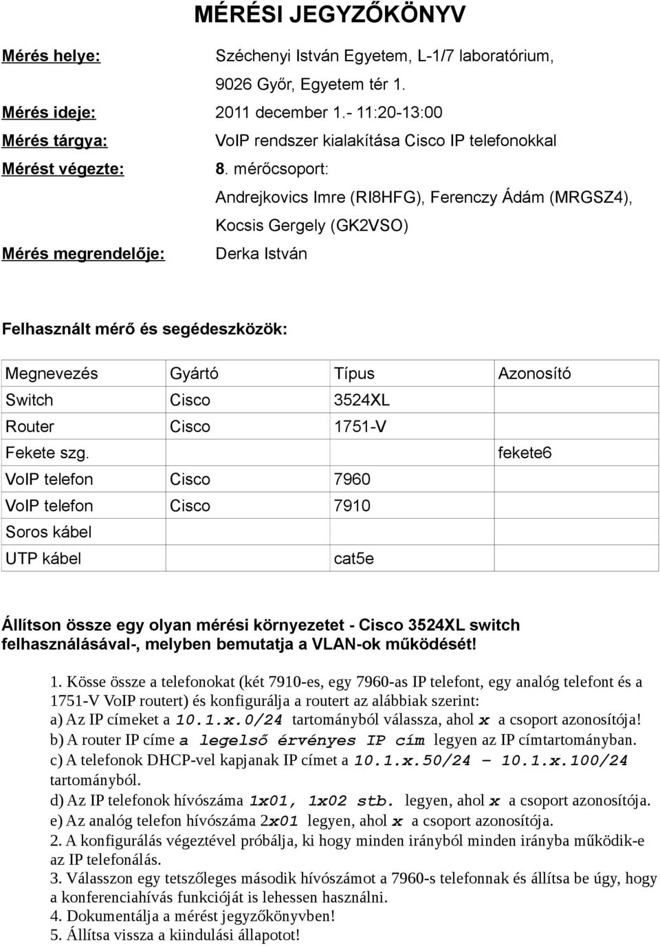 mérőcsoport: Andrejkovics Imre (RI8HFG), Ferenczy Ádám (MRGSZ4), Kocsis Gergely (GK2VSO) Mérés megrendelője: Derka István Felhasznált mérő és segédeszközök: Megnevezés Gyártó Típus Azonosító Switch