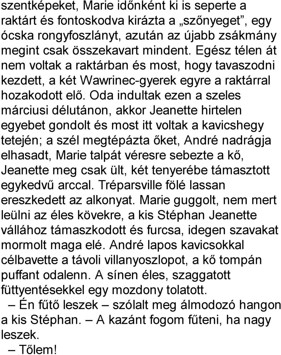 Oda indultak ezen a szeles márciusi délutánon, akkor Jeanette hirtelen egyebet gondolt és most itt voltak a kavicshegy tetején; a szél megtépázta őket, André nadrágja elhasadt, Marie talpát véresre