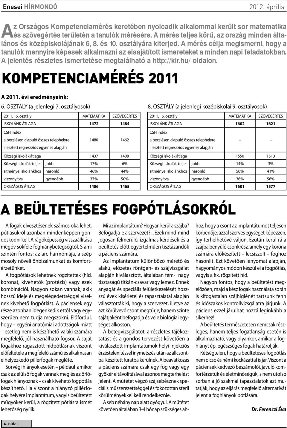 A jelentés részletes ismertetése megtalálható a http://kir.hu/ oldalon. KOMPETENCIAMÉRÉS 2011 A 2011. évi eredményeink: 6.