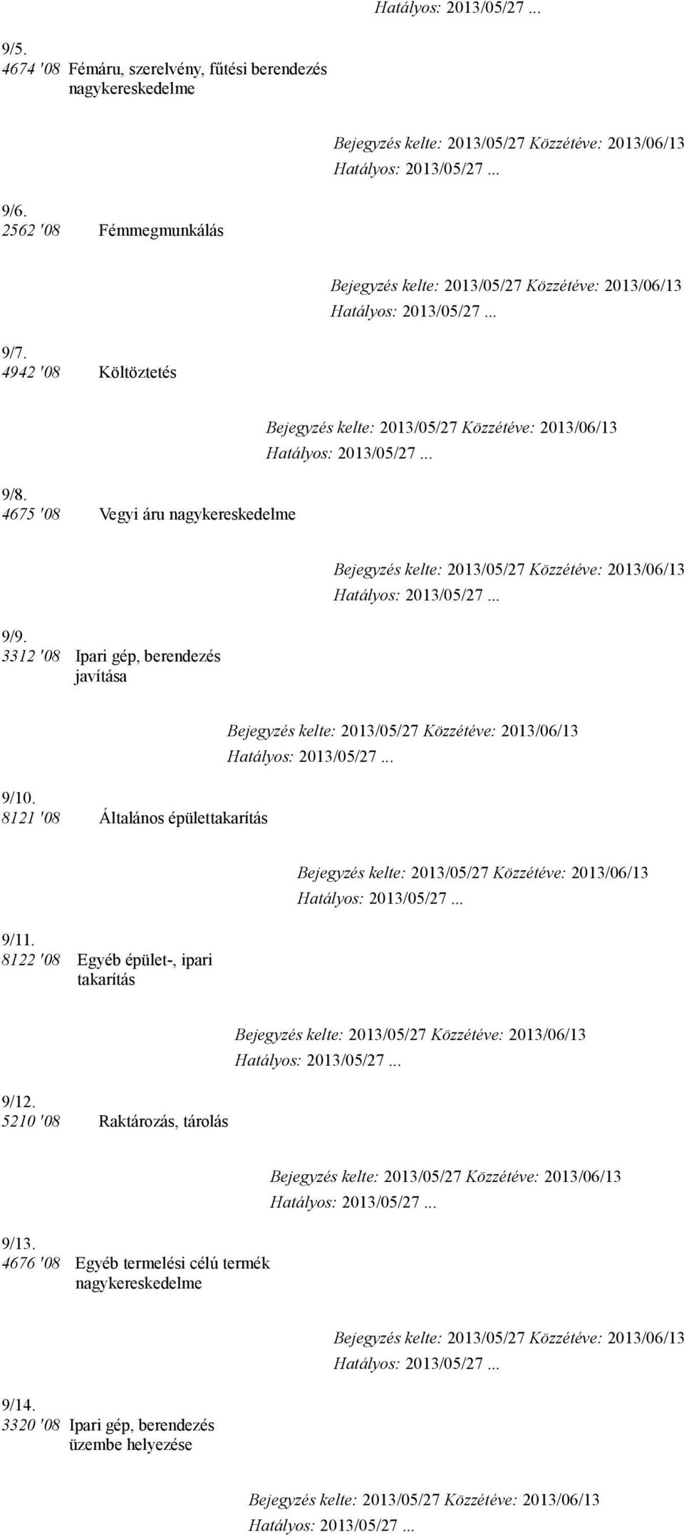 8121 '08 Általános épülettakarítás 9/11. 8122 '08 Egyéb épület-, ipari takarítás 9/12.