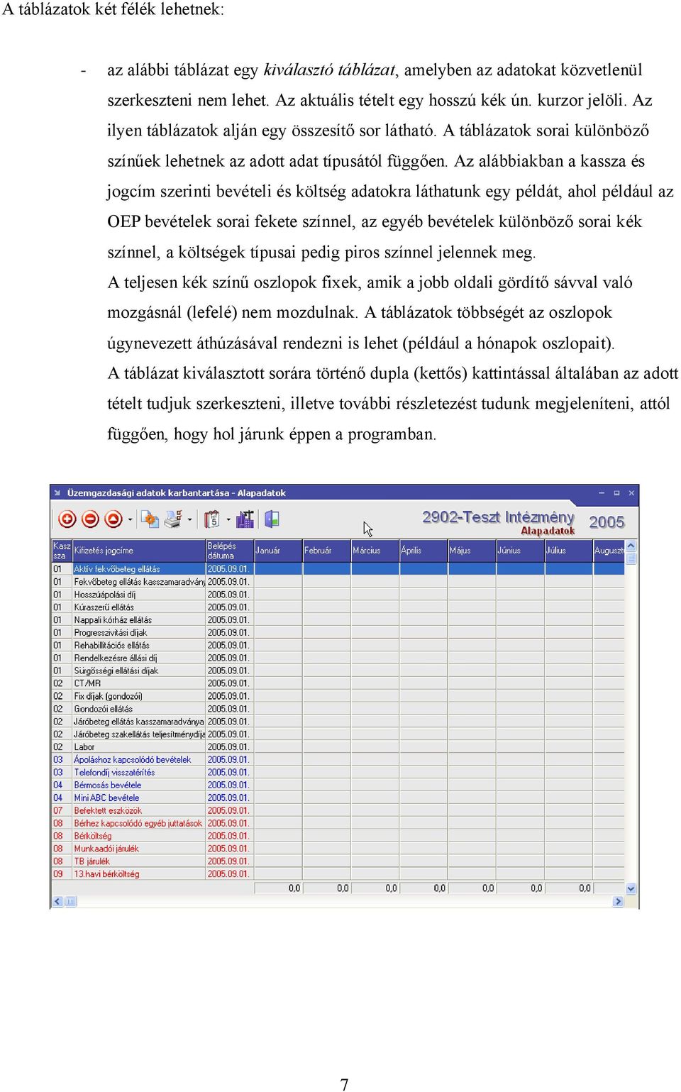 Az alábbiakban a kassza és jogcím szerinti bevételi és költség adatokra láthatunk egy példát, ahol például az OEP bevételek sorai fekete színnel, az egyéb bevételek különböző sorai kék színnel, a