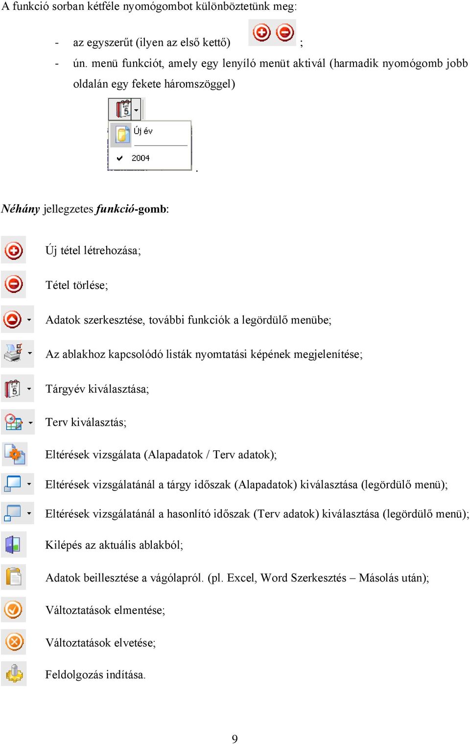 Néhány jellegzetes funkció-gomb: Új tétel létrehozása; Tétel törlése; Adatok szerkesztése, további funkciók a legördülő menübe; Az ablakhoz kapcsolódó listák nyomtatási képének megjelenítése; Tárgyév