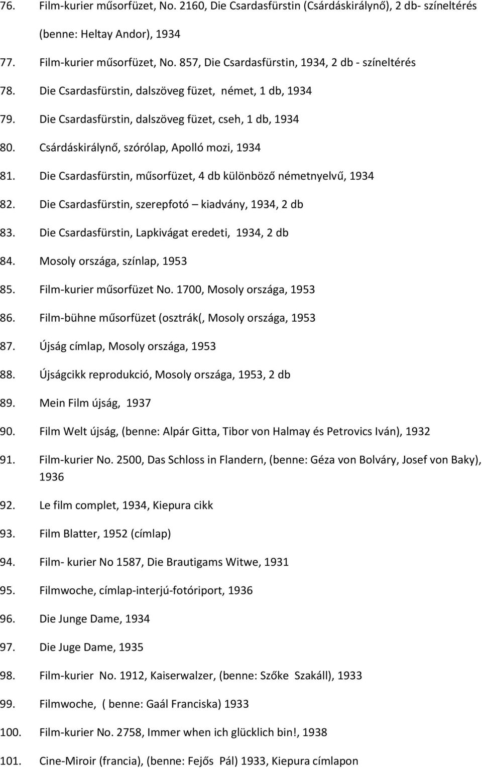 Die Csardasfürstin, műsorfüzet, 4 db különböző németnyelvű, 1934 82. Die Csardasfürstin, szerepfotó kiadvány, 1934, 2 db 83. Die Csardasfürstin, Lapkivágat eredeti, 1934, 2 db 84.