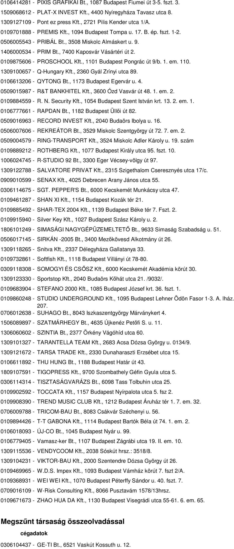 0109875606 - PROSCHOOL Kft., 1101 Budapest Pongrác út 9/b. 1. em. 110. 1309100657 - Q-Hungary Kft., 2360 Gyál Zrínyi utca 89. 0106613206 - QYTONG Bt., 1173 Budapest Egervár u. 4.