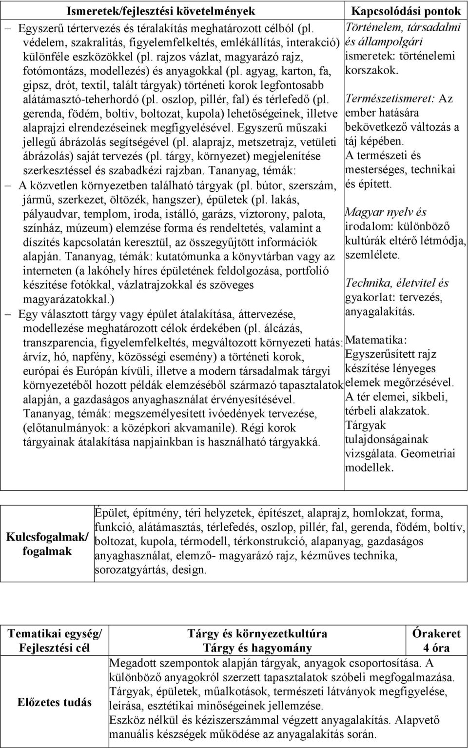 oszlop, pillér, fal) és térlefedő (pl. gerenda, födém, boltív, boltozat, kupola) lehetőségeinek, illetve alaprajzi elrendezéseinek megfigyelésével. Egyszerű műszaki jellegű ábrázolás segítségével (pl.