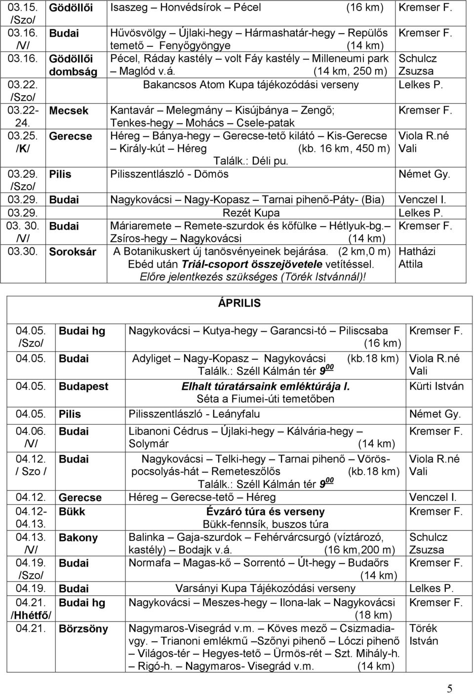 16 km, 450 m) Találk.: Déli pu. 03.29. Pilis Pilisszentlászló - Dömös Német Gy. 03.29. Budai Nagykovácsi Nagy-Kopasz Tarnai pihenő-páty- (Bia) 03.29. Rezét Kupa Lelkes P. 03. 30.