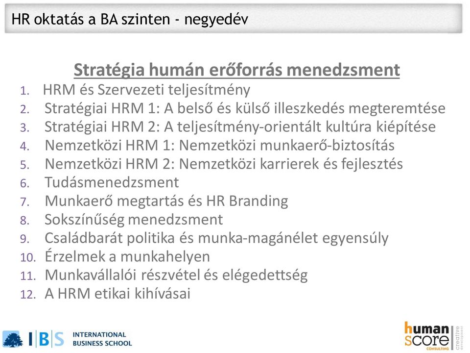 Nemzetközi HRM 1: Nemzetközi munkaerő-biztosítás 5. Nemzetközi HRM 2: Nemzetközi karrierek és fejlesztés 6. Tudásmenedzsment 7.