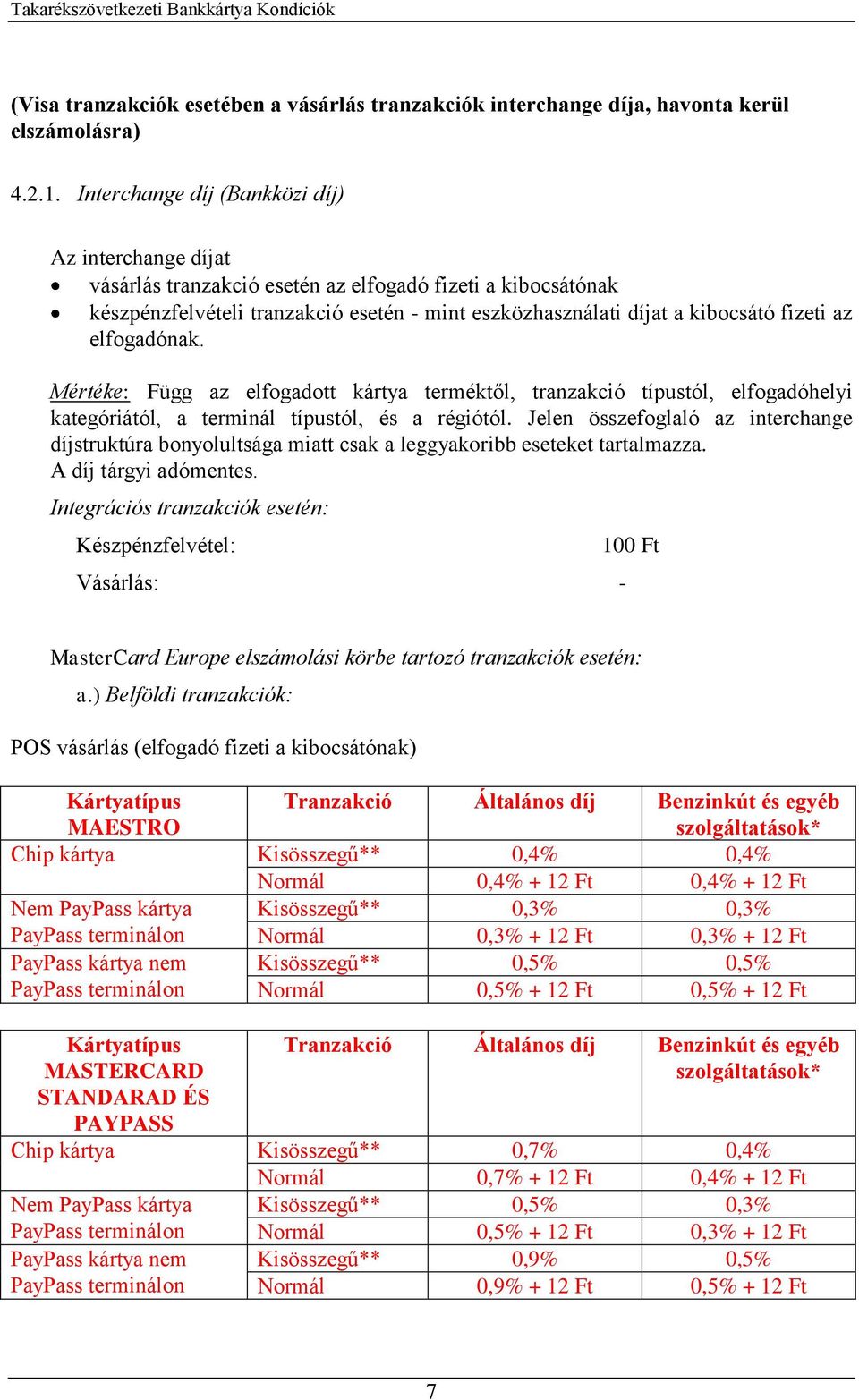 az elfogadónak. Függ az elfogadott kártya terméktől, tranzakció típustól, elfogadóhelyi kategóriától, a terminál típustól, és a régiótól.