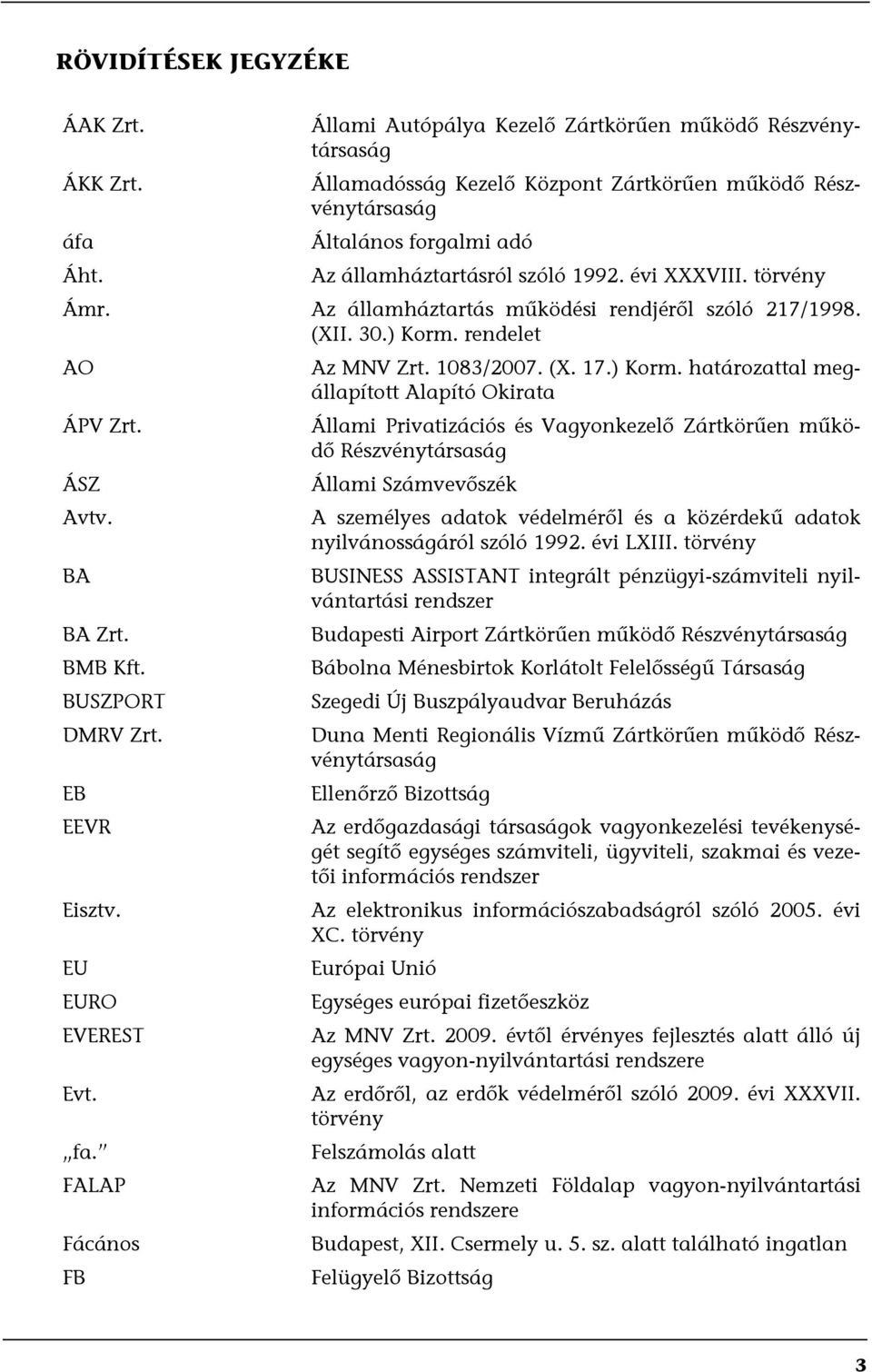 törvény Ámr. Az államháztartás működési rendjéről szóló 217/1998. (XII. 30.) Korm. rendelet AO ÁPV Zrt. ÁSZ Avtv. BA BA Zrt. BMB Kft. BUSZPORT DMRV Zrt. EB EEVR Eisztv. EU EURO EVEREST Evt. fa.