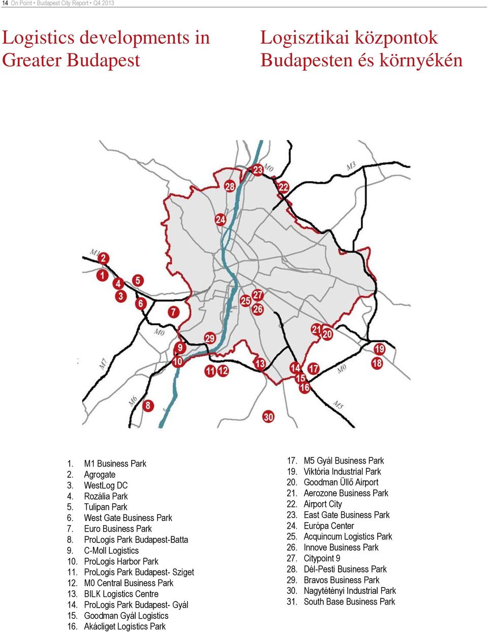 M0 Central Business Park 13. BILK Logistics Centre 14. ProLogis Park Budapest- Gyál 15. Goodman Gyál Logistics 16. Akácliget Logistics Park 17. M5 Gyál Business Park 19. Viktória Industrial Park 20.