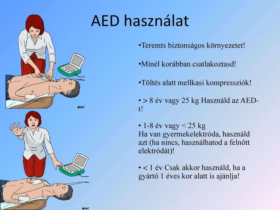 1-8 év vagy < 25 kg Ha van gyermekelektróda, használd azt (ha nincs,