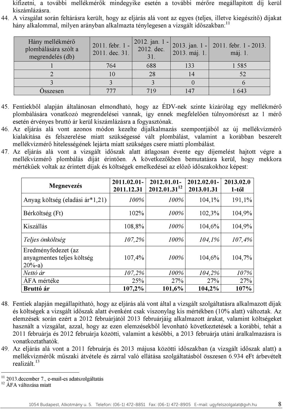 mellékmérő plombálására szólt a megrendelés (db) 2011. febr. 1-2011. dec. 31. 2012. jan. 1-2012. dec. 31. 2013. jan. 1-2013. máj. 1. 2011. febr. 1-2013. máj. 1. 1 764 688 133 1 585 2 10 28 14 52 3 3 3 0 6 Összesen 777 719 147 1 643 45.