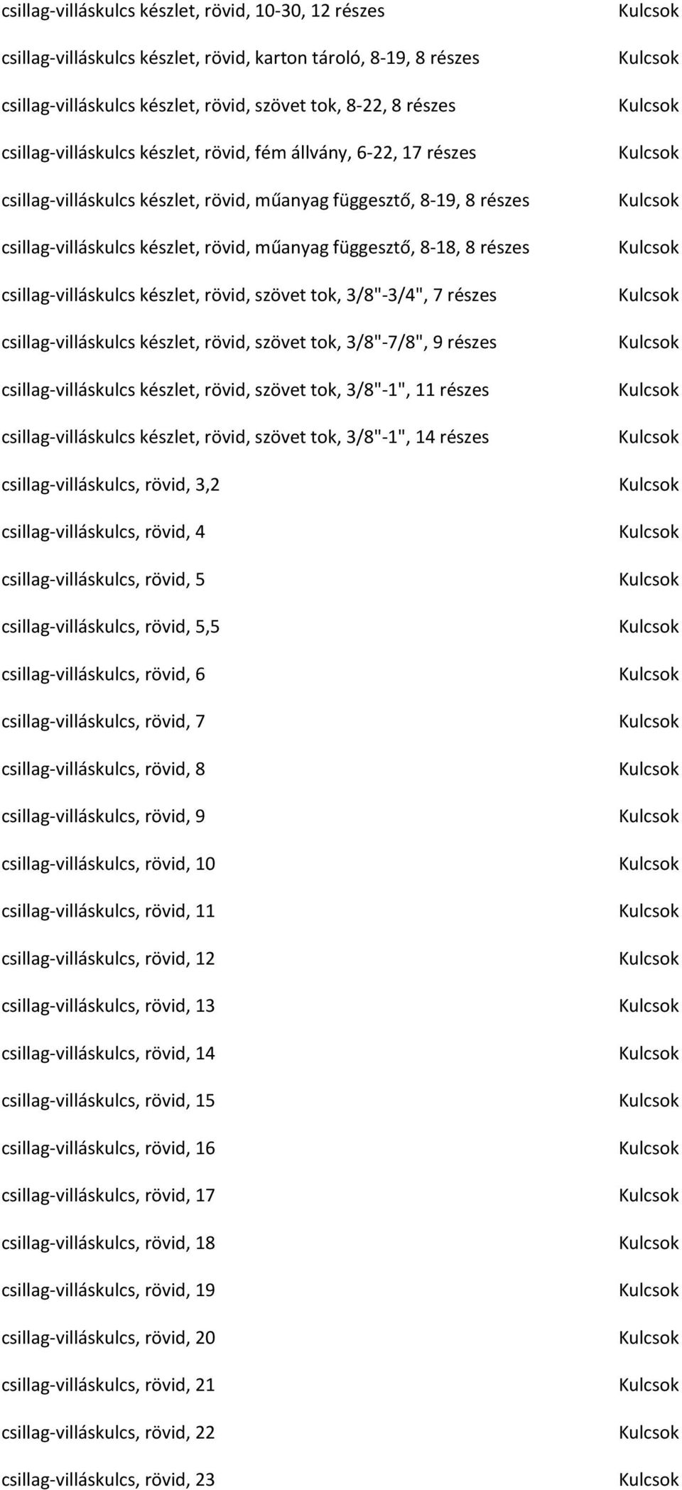 részes csillag-villáskulcs készlet, rövid, szövet tok, 3/8"-3/4", 7 részes csillag-villáskulcs készlet, rövid, szövet tok, 3/8"-7/8", 9 részes csillag-villáskulcs készlet, rövid, szövet tok, 3/8"-1",