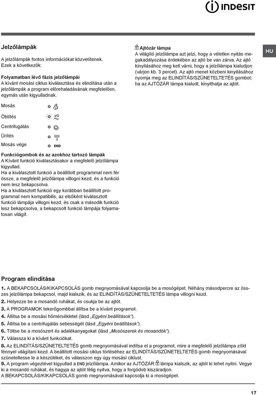 Mosás Öblítés Centrifugálás Ürítés Mosás vége Funkciógombok és az azokhoz tartozó lámpák A Kívánt funkció kiválasztásakor a megfelelő jelzőlámpa kigyullad.