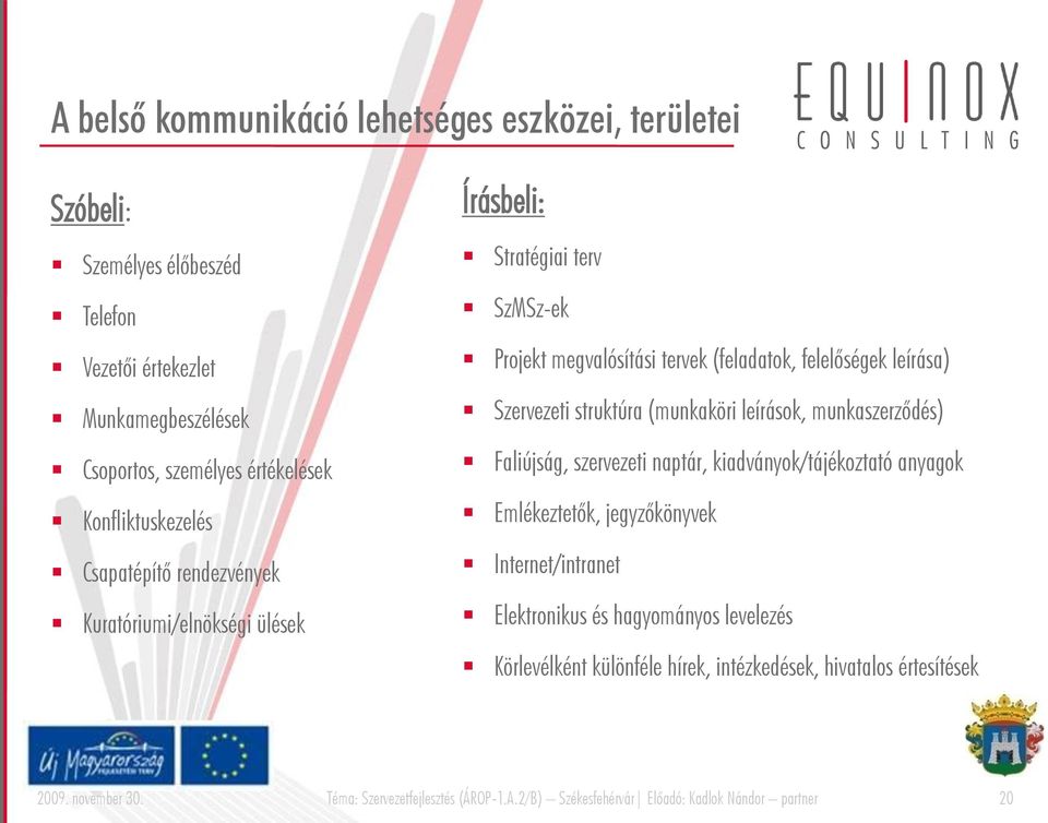 (feladatok, felelőségek leírása) Szervezeti struktúra (munkaköri leírások, munkaszerződés) Faliújság, szervezeti naptár, kiadványok/tájékoztató