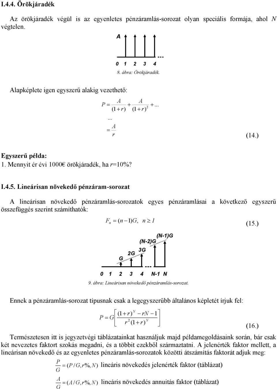 Lineárisan növekedő pénzáram-sorozat A lineárisan növekedő pénzáramlás-sorozatok egyes pénzáramlásai a következő egyszerű összefüggés szerint számíthatók: F n = ( n 1) G, n 1 (15.