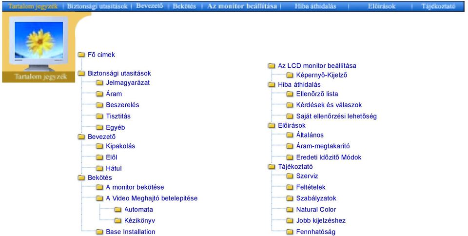 Képernyõ-Kijelzõ Hiba áthidalás Ellenõrzõ lista Kérdések és válaszok Saját ellenõrzési lehetõség Elõirások Általános