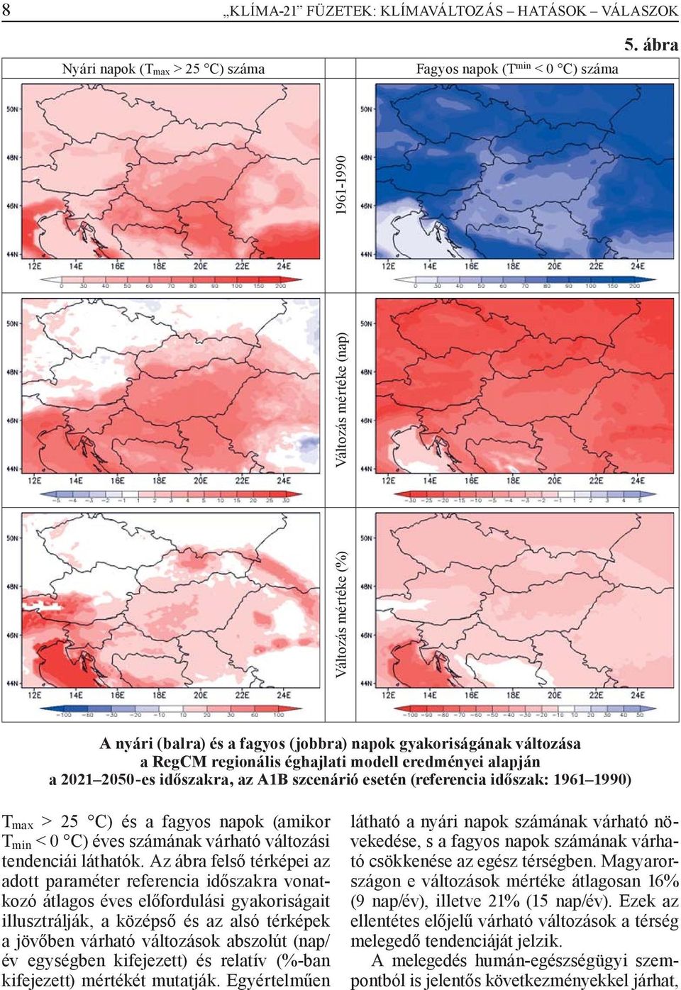 időszakra, az A1B szcenárió esetén (referencia időszak: 1961 1990) T max > 25 C) és a fagyos napok (amikor T min < 0 C) éves számának várható változási tendenciái láthatók.