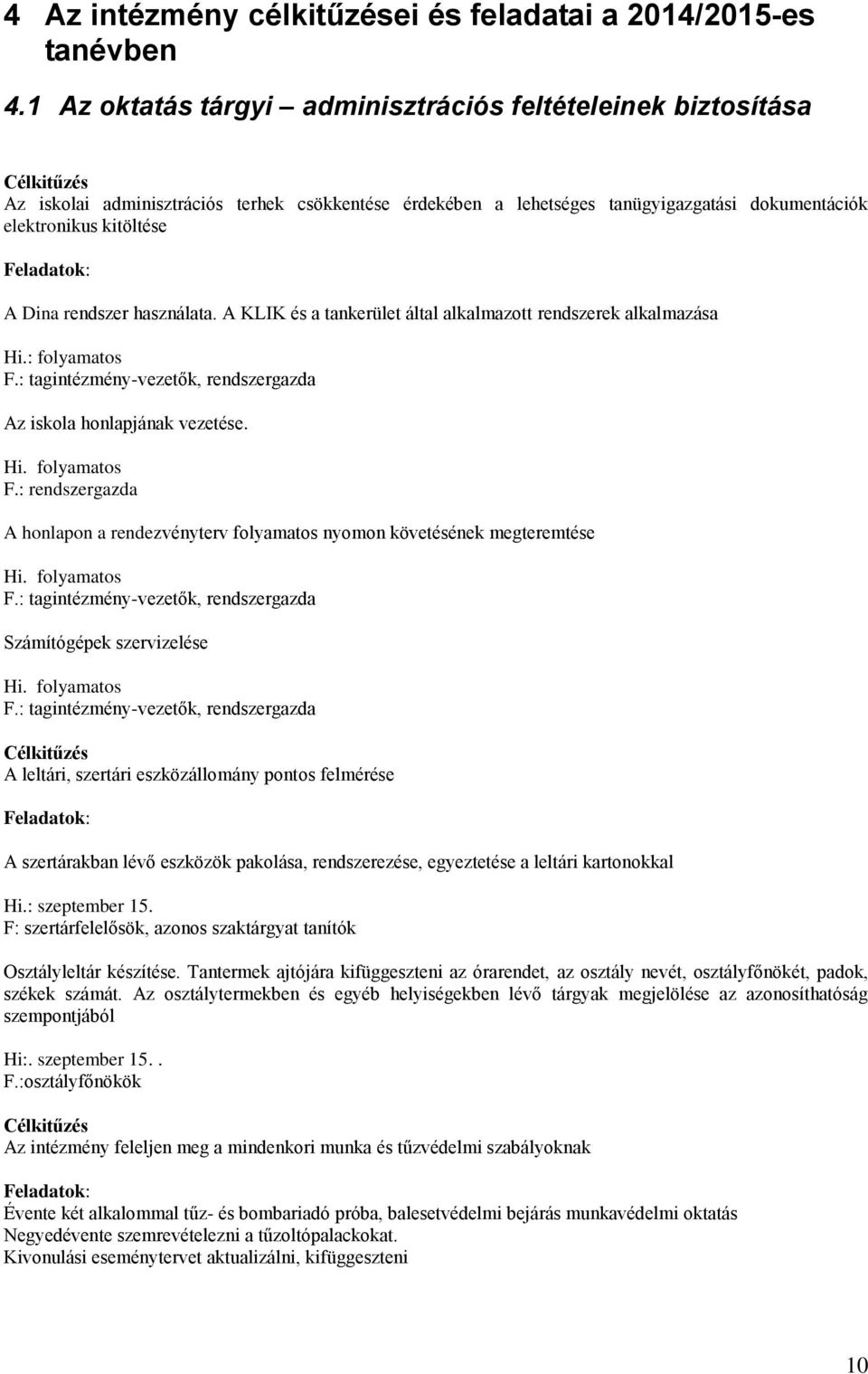 Feladatok: A Dina rendszer használata. A KLIK és a tankerület által alkalmazott rendszerek alkalmazása Hi.: folyamatos F.