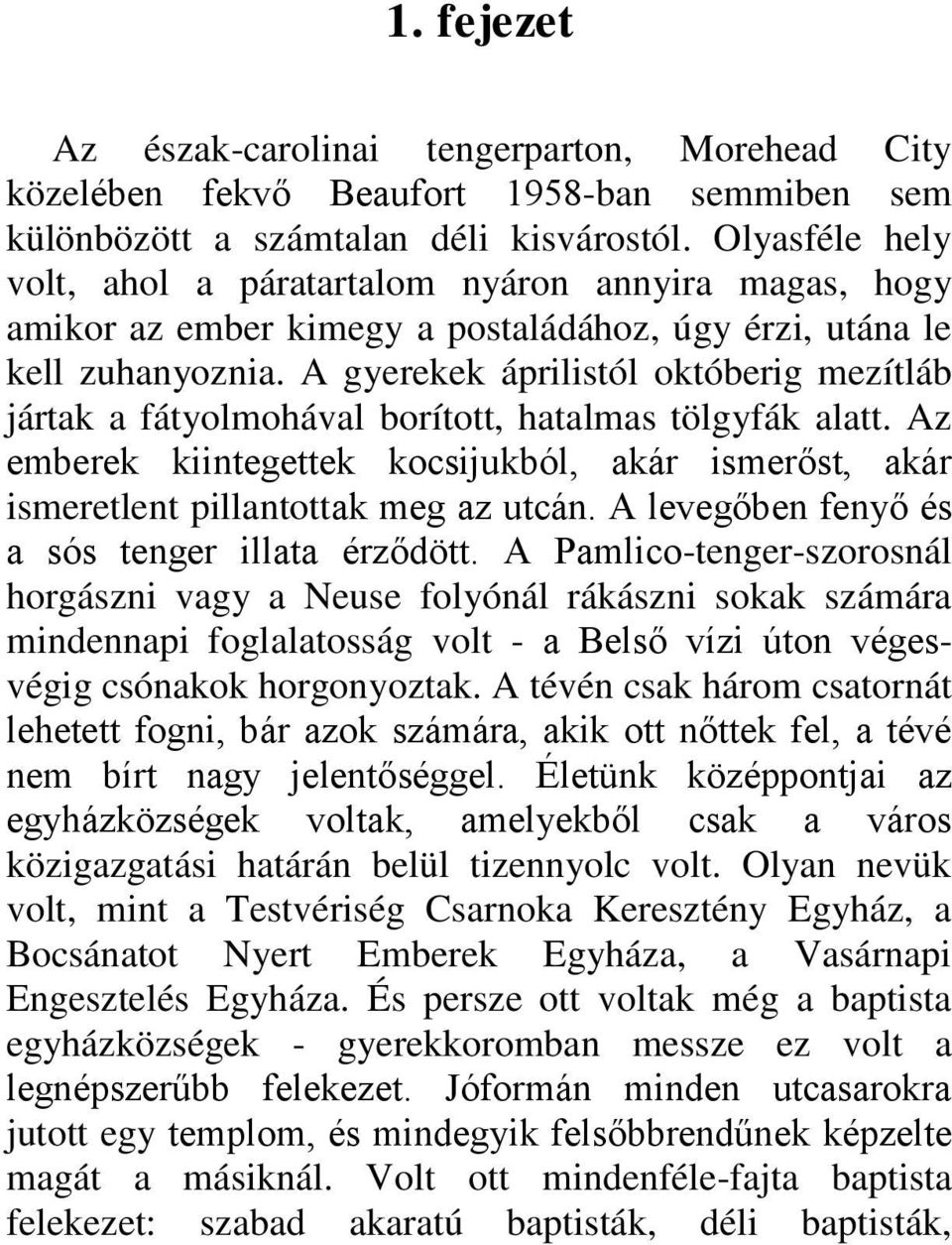 A gyerekek áprilistól októberig mezítláb jártak a fátyolmohával borított, hatalmas tölgyfák alatt. Az emberek kiintegettek kocsijukból, akár ismerőst, akár ismeretlent pillantottak meg az utcán.