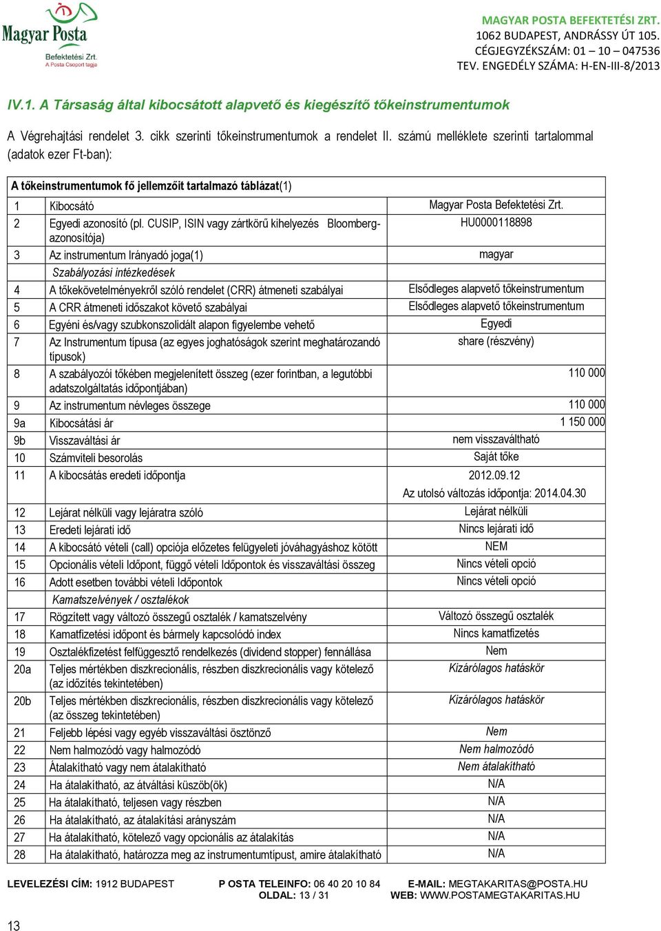 CUSIP, ISIN vagy zártkörű kihelyezés Bloombergazonosítója) HU0000118898 3 Az instrumentum Irányadó joga(1) magyar Szabályozási intézkedések 4 A tőkekövetelményekről szóló rendelet (CRR) átmeneti