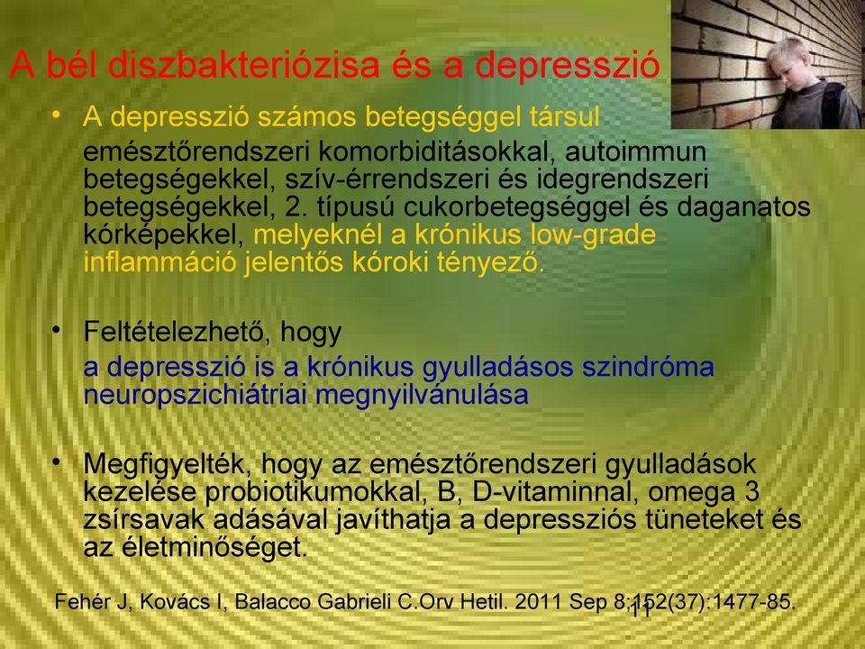 Feltételezhető, hogy a depresszió is a krónikus gyulladásos szindróma neuropszichiátriai megnyilvánulása Megfigyelték, hogy az emésztőrendszeri gyulladások kezelése