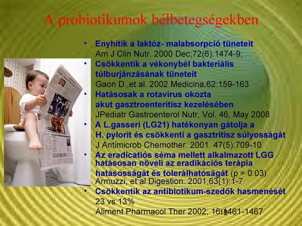 gasseri (LG21) hatékonyan gátolja a H. pylorit és csökkenti a gasztritisz súlyosságát J Antimicrob Chemother. 2001.