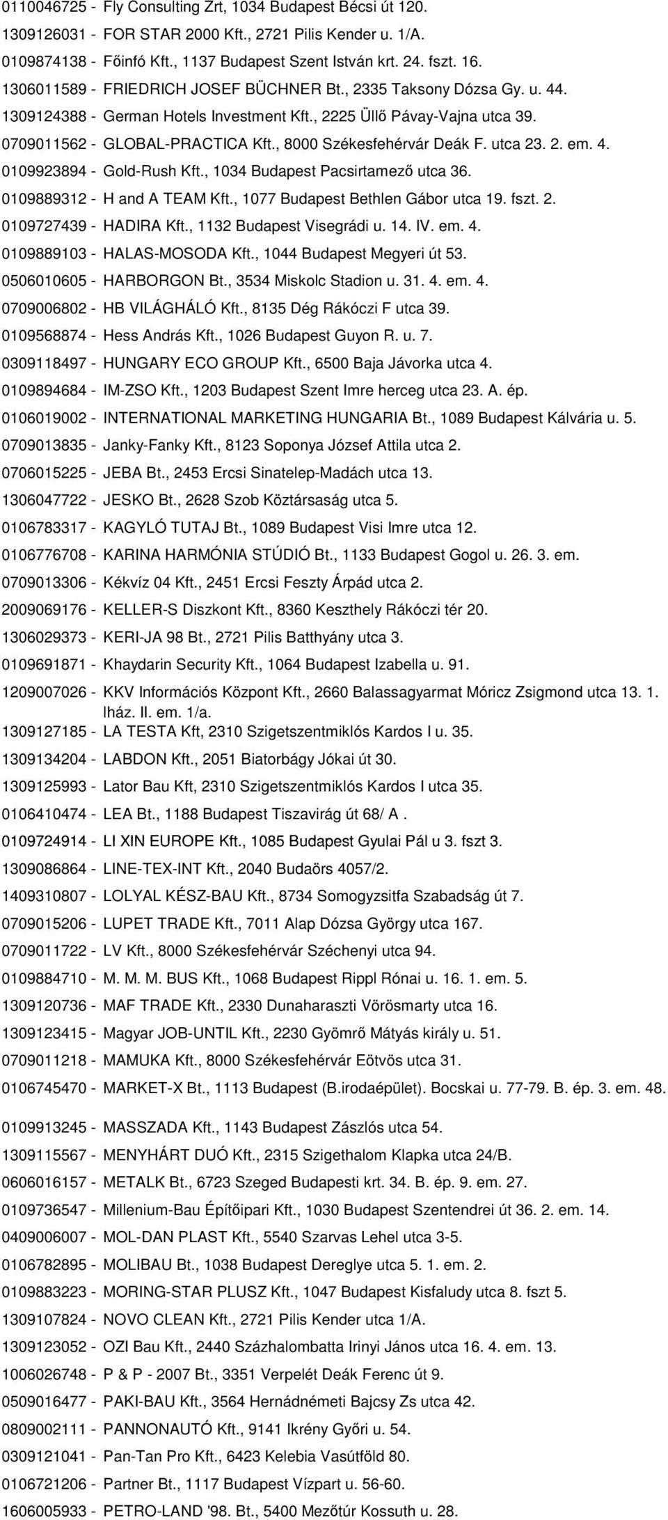 , 8000 Székesfehérvár Deák F. utca 23. 2. em. 4. 0109923894 - Gold-Rush Kft., 1034 Budapest Pacsirtamező utca 36. 0109889312 - H and A TEAM Kft., 1077 Budapest Bethlen Gábor utca 19. fszt. 2. 0109727439 - HADIRA Kft.