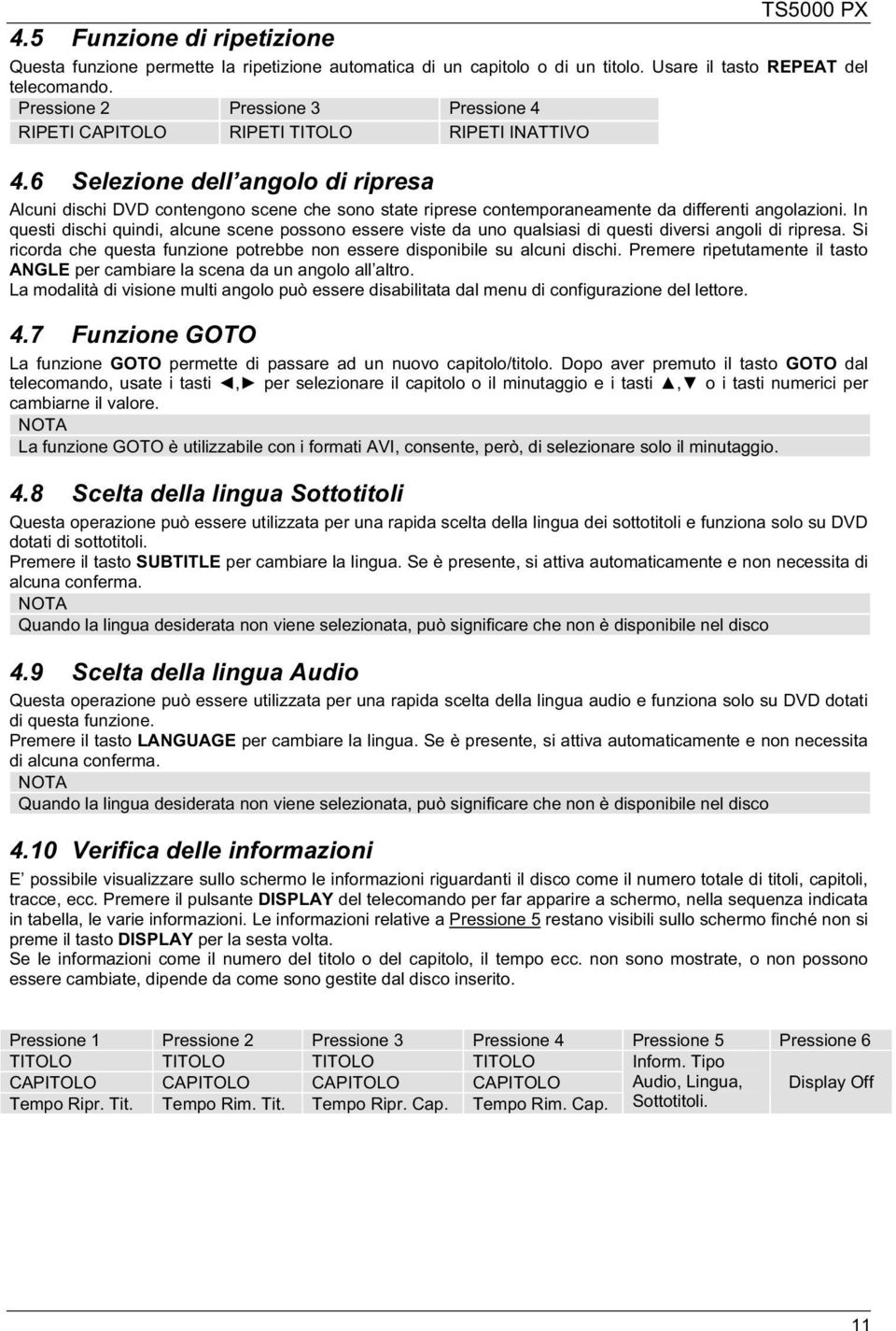 6 Selezione dell angolo di ripresa Alcuni dischi DVD contengono scene che sono state riprese contemporaneamente da differenti angolazioni.