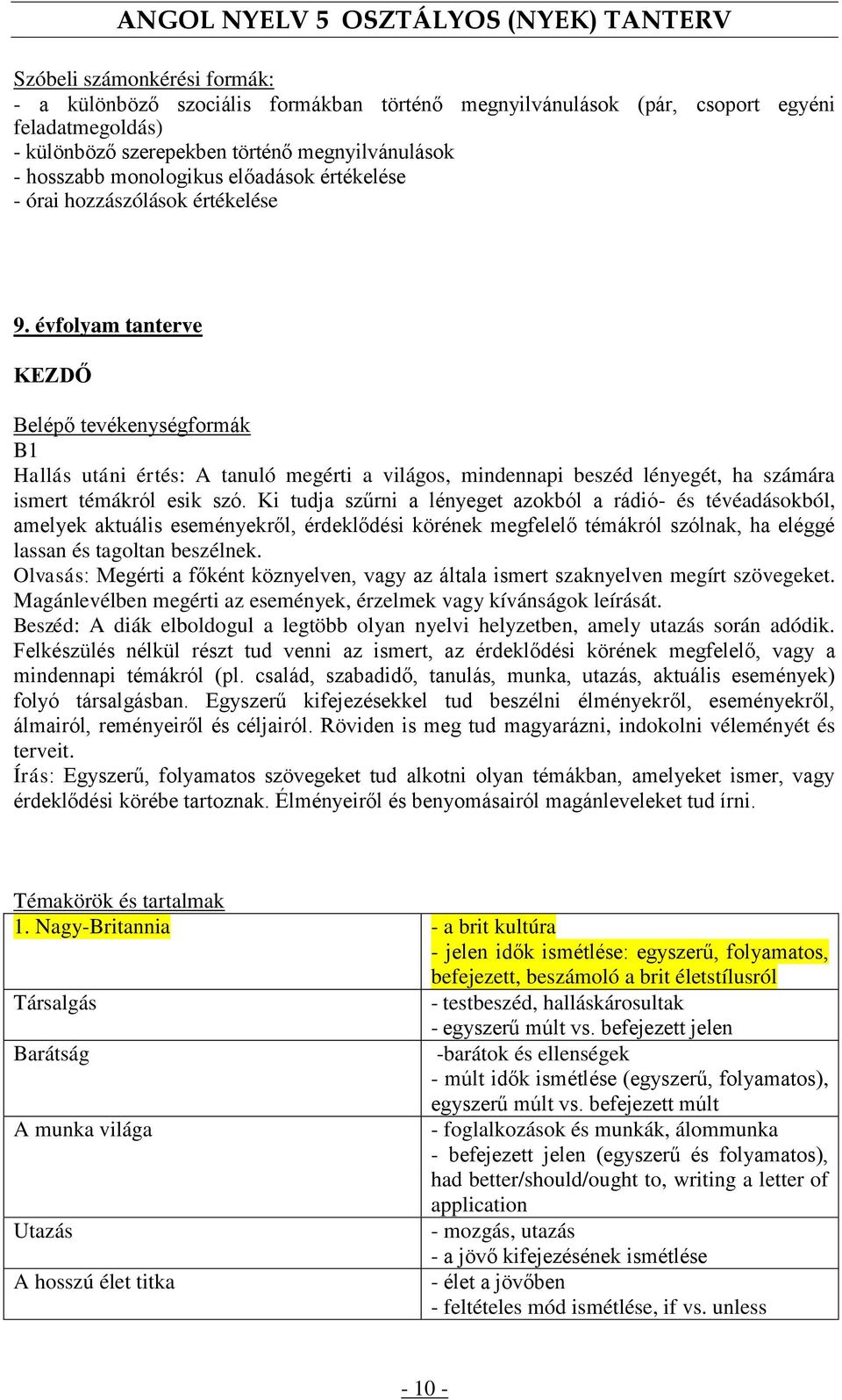 évfolyam tanterve KEZDŐ Belépő tevékenységformák B1 Hallás utáni értés: A tanuló megérti a világos, mindennapi beszéd lényegét, ha számára ismert témákról esik szó.