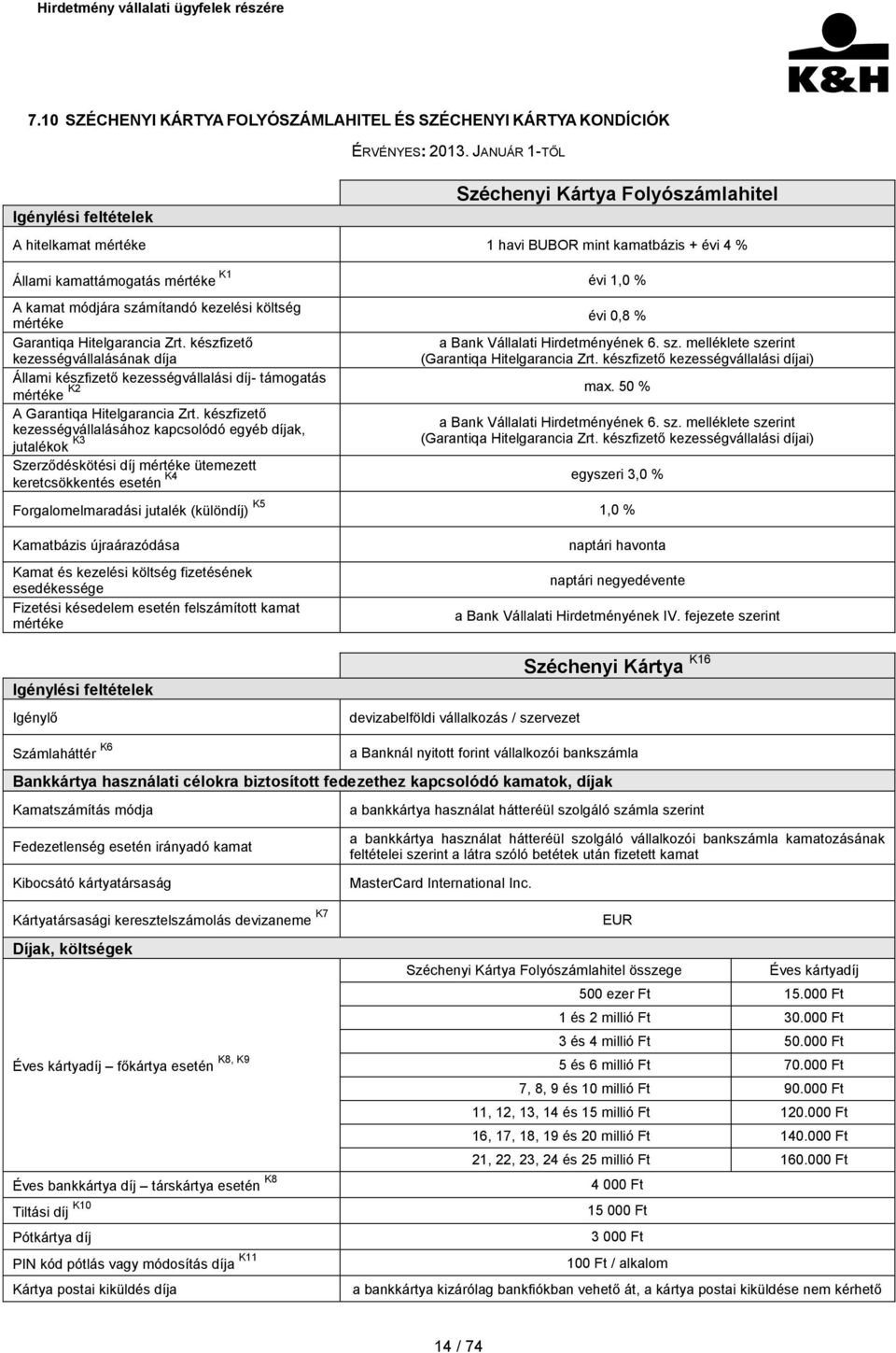 kezelési költség mértéke évi 0,8 % Garantiqa Hitelgarancia Zrt. készfizető kezességvállalásának díja a Bank Vállalati Hirdetményének 6. sz. melléklete szerint (Garantiqa Hitelgarancia Zrt.