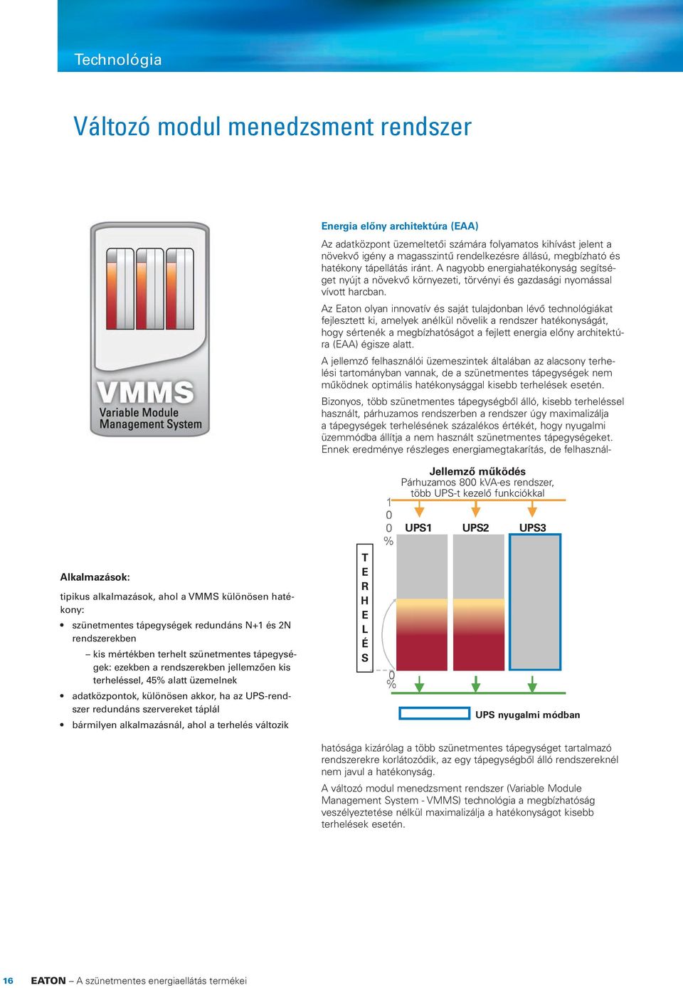 adatközpontok, különösen akkor, ha az UPS-rendszer redundáns szervereket táplál bármilyen alkalmazásnál, ahol a terhelés változik T E R H E L É S UPS nyugalmi módban Energia előny architektúra (EAA)