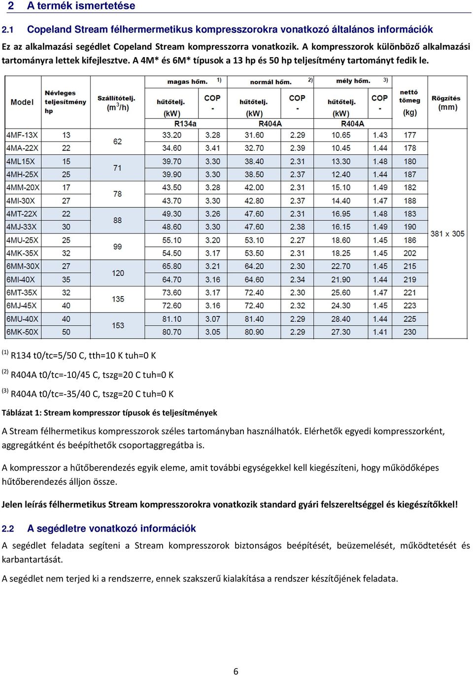 (1) R134 t0/tc=5/50 C, tth=10 K tuh=0 K (2) R404A t0/tc=-10/45 C, tszg=20 C tuh=0 K (3) R404A t0/tc=-35/40 C, tszg=20 C tuh=0 K Táblázat 1: Stream kompresszor típusok és teljesítmények A Stream