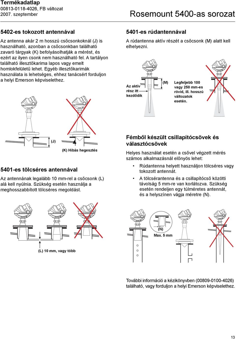 Egyéb illesztőkarimák használata is lehetséges, ehhez tanácsért forduljon a helyi Emerson képviselethez. 5401-es rúdantennával A rúdantenna aktív részét a csőcsonk (M) alatt kell elhelyezni.