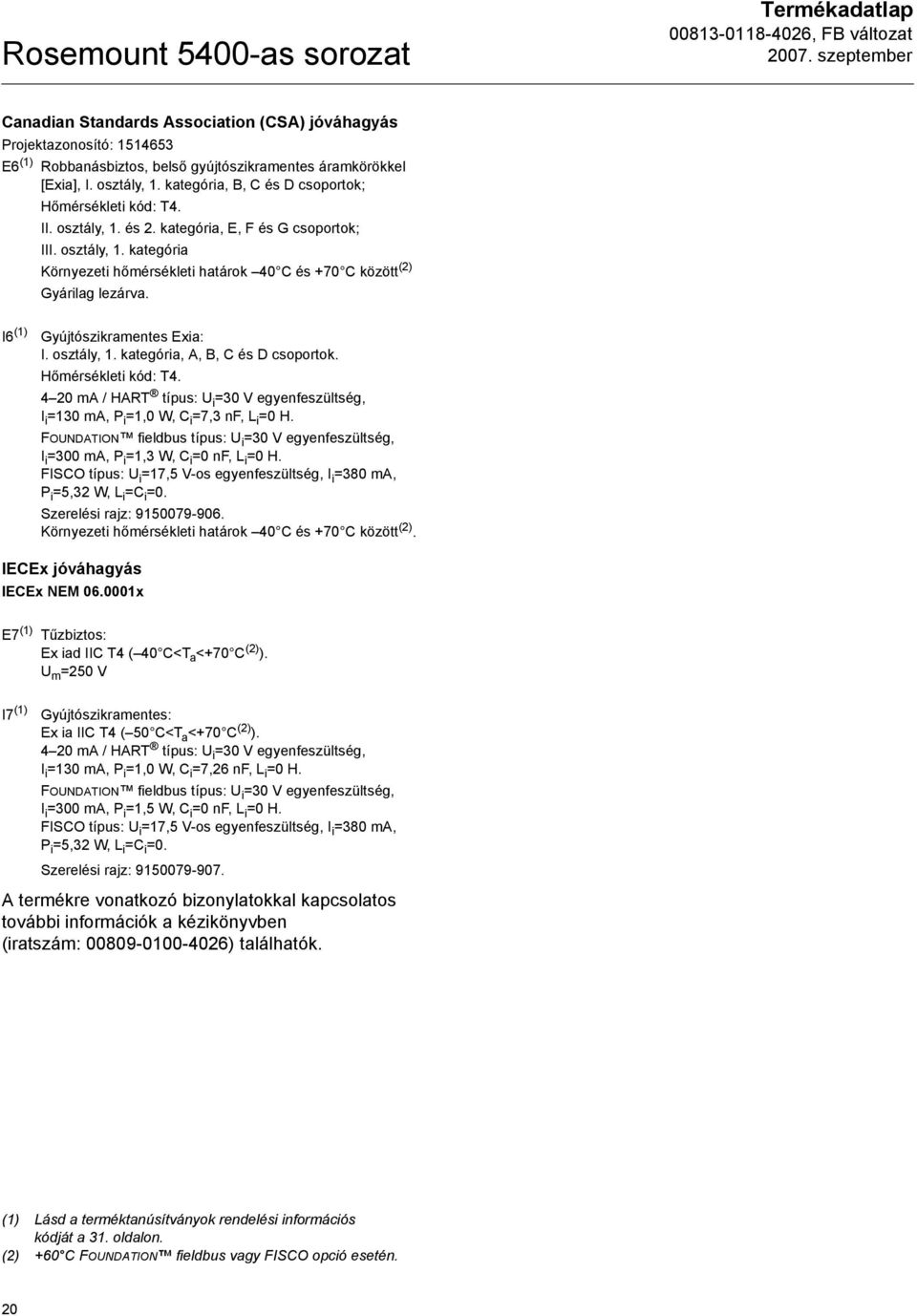 I6 (1) Gyújtószikramentes Exia: I. osztály, 1. kategória, A, B, C és D csoportok. Hőmérsékleti kód: T4. 4 20 ma / HART típus: U i =30 V egyenfeszültség, I i =130 ma, P i =1,0 W, C i =7,3 nf, L i =0 H.