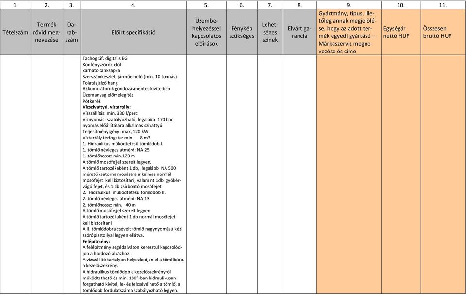 330 l/perc Víznyomás: szabályozható, legalább 70 bar nyomás előállítására alkalmas szivattyú Teljesítményigény: max, 20 kw Víztartály térfogata: min. 8 m3. Hidraulikus működtetésű tömlődob I.