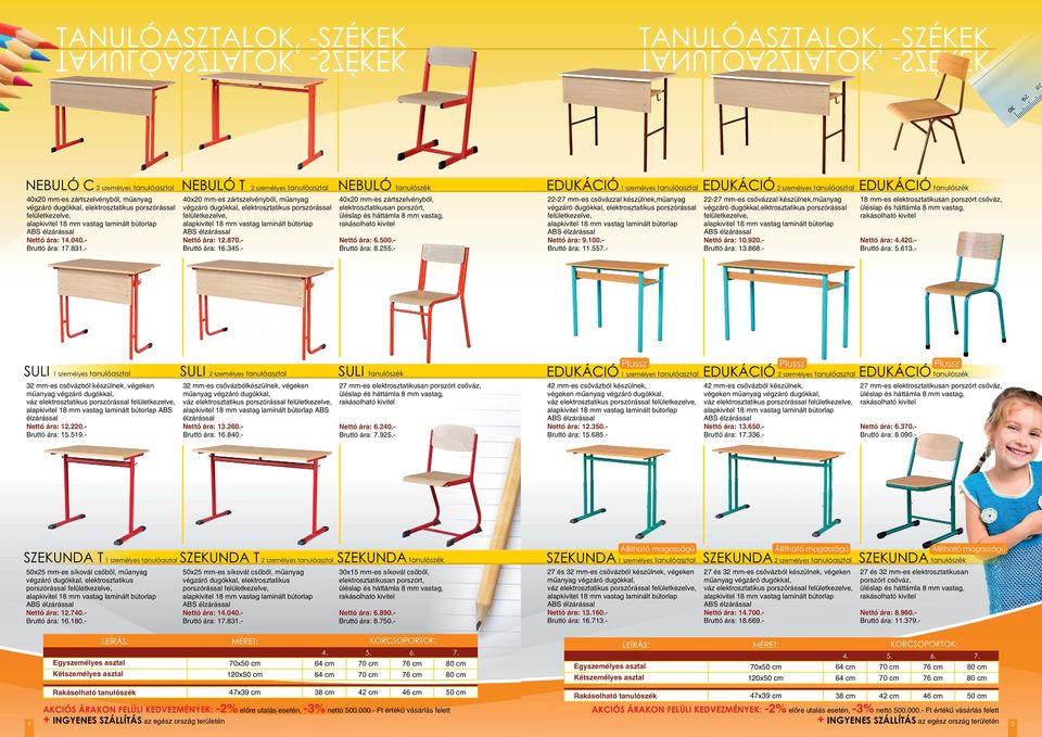 - 40x20 mm-es zártszelvénybõl, Nettó ára: 6.500.- Bruttó ára: 8.255.- EDUKÁCIÓ 1 személyes tanulóasztal 22-27 mm-es csõvázzal készülnek,mûanyag porszórással felületkezelve, Nettó ára: 9.100.