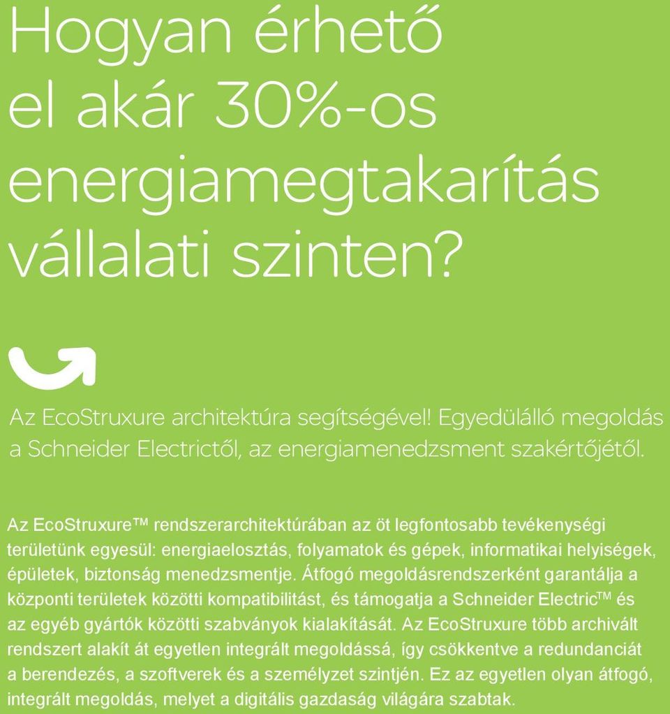 Átfogó megoldásrendszerként garantálja a központi területek közötti kompatibilitást, és támogatja a Schneider Electric TM és az egyéb gyártók közötti szabványok kialakítását.