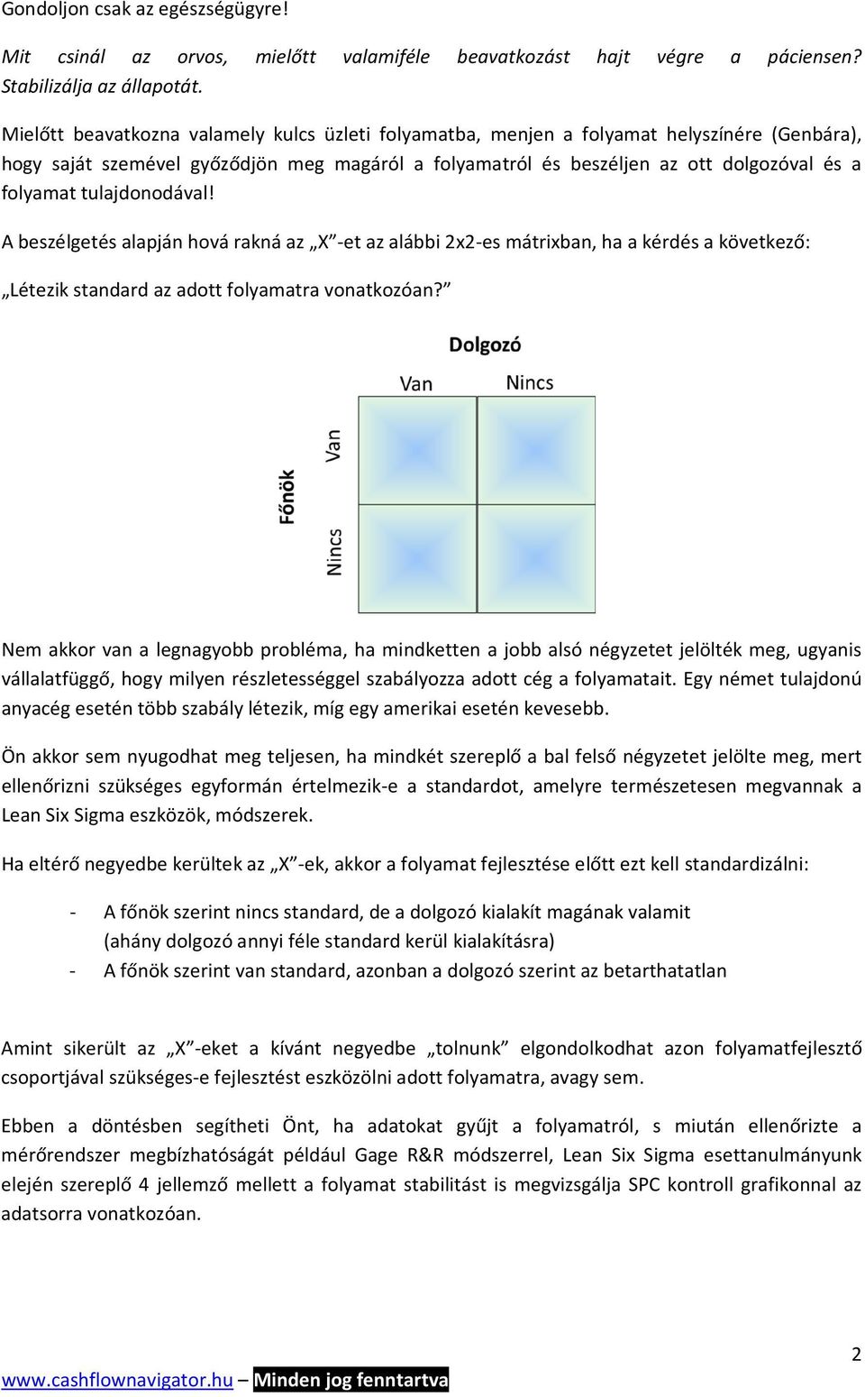 tulajdonodával! A beszélgetés alapján hová rakná az X -et az alábbi 2x2-es mátrixban, ha a kérdés a következő: Létezik standard az adott folyamatra vonatkozóan?